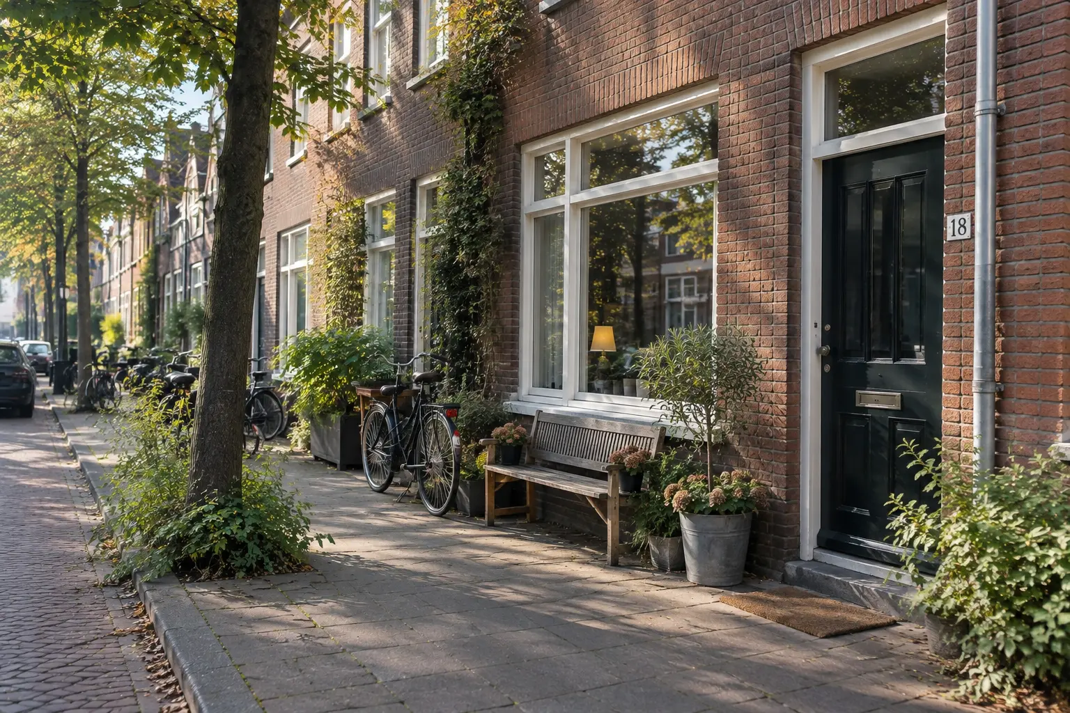 Classic Dutch townhouse entrance with bicycles and potted plants
